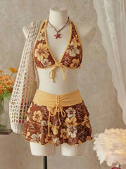 Floral Color Block Triangle Bikini And Pants With Cover Up Skirt Three-Piece Set
