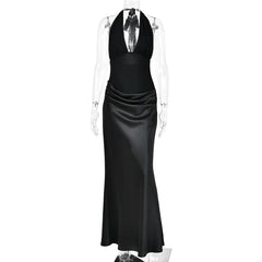 Halter Backless Tie Draped Waist Satin Maxi Dress
