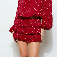 Polka Dot Print Low Waist Tiered Ruffled Hem Mini Skirt