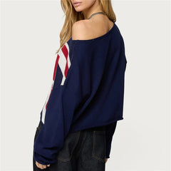 American Flag Print Off Shoulder Knit Cropped Sweatshirt