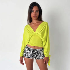 V-Neck Slit Tied-up Long Sleeve Waist Cinched Top