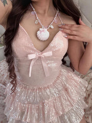 Sequin Bow Crop Top And Ruffles Mini Skirt Set