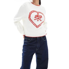 White Knit Flower Heart Sweater