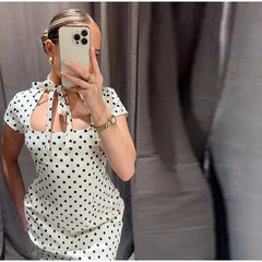 Short Sleeve Lace Up Cut Out Collar Polka Dot Mini Dress