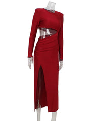 Red Solid Slit Long Sleeve Midi Dress Free From Label