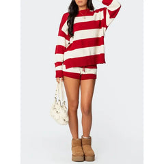 Knitwear Striped Long Sleeve Pullover And Drawstring Shorts
