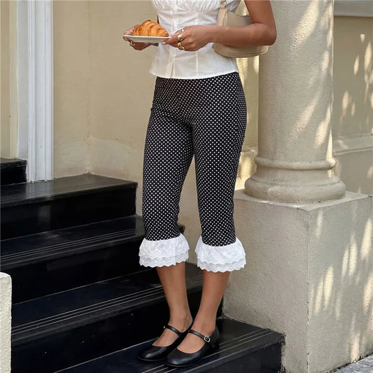 Lace Hem Mid-Calf Polka Dot Capri Pants