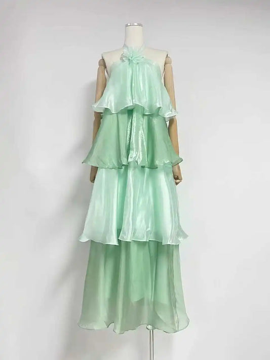 Mint Green Halter Multi Layer Ruffle Maxi Dress
