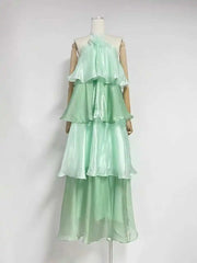 Mint Green Halter Multi Layer Ruffle Maxi Dress