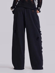 Black  Distressed Wide Sweatpants