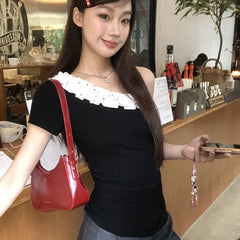 Black Frill Trim Sleeve Top