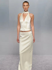 Satin Solid Halter Top And Maxi Skirt Set