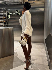 White Knit Deep V-Neck Mini Long Sleeve Dress