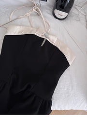 Black A-line White Satin Halter Strap Mini Dress
