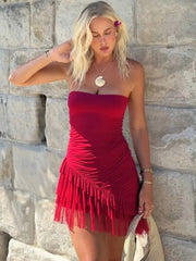 Red Strapless Ruffled  Mesh Mini Dress