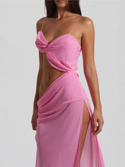 Mesh Spaghetti Strap Cut Out Slit Long Dress