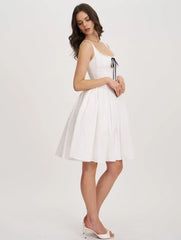 White Lace Trim Ribbon Bow Front A-Line Mini Dress
