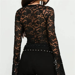 Lace Sheer Long Sleeve Cutout Neckline Blouse