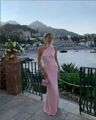 Pink One Shoulder Back Tie Up Maxi Dress