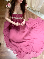 Pink Ruffle Lace Trim Maxi Dress