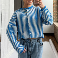Striped  Crew Neck Open Front Button Down Cardigan