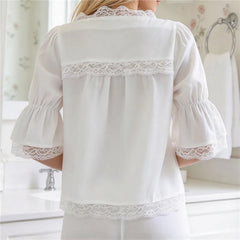 White Lace Spliced Puff Flare Sleeve Bow Tie Top