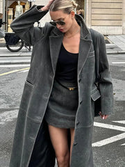 Grey Faded Faux Leather Long Trench Coat