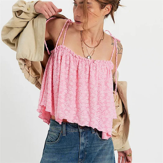 3D Floral Textured Spaghetti Tie Strap Cropped Top