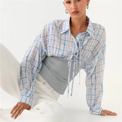 Plaid Button Down Waistband Splicing Blouse