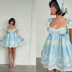 Embroidered Lace Bubble Sleeves Mini Dress