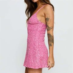 Pink Sequin Keyhole Strappy Mini Dress
