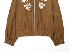 Faux Suede Floral Embroidery Stand Collar Zip‑Up Bomber Jacket