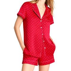 Red Short Sleeve Dots Print Shirt And Shorts Lounge Set