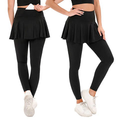 Two people wearing black leggings with pleated skirts- full view