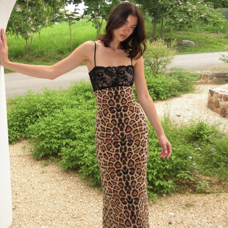 Sparkle Leopard Print Lace Trim Midi Dress Coffee / S