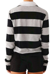 Black and gray striped shirt with a white collar 
