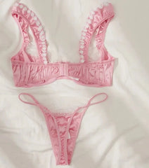 Pink Satin Flower Strap Lingerie Set - Free From Label