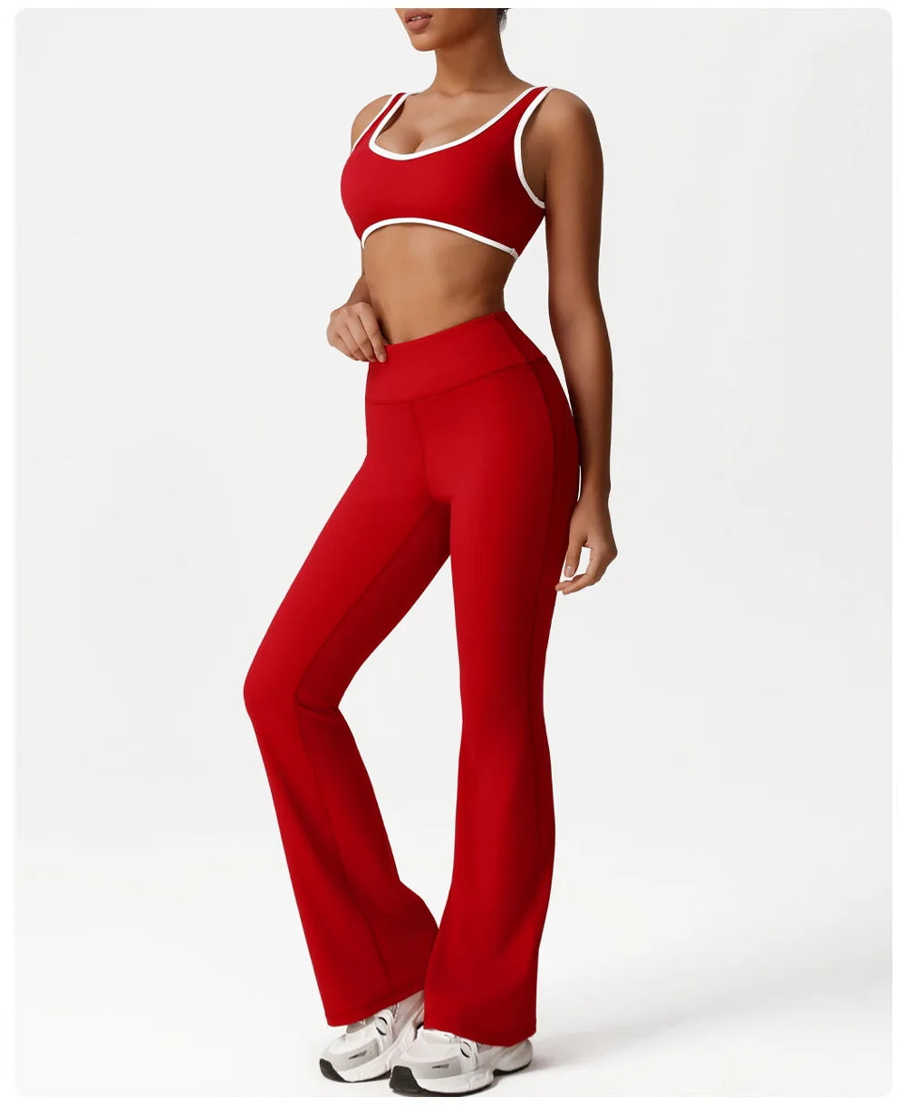 Red athletic outfit with sports bra and leggings full view