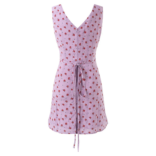 Purple Floral Print V-neck Mini Dress
