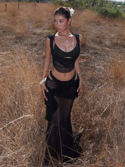 Black Mesh Hooded Crop Tops And Ruched Skirts Set