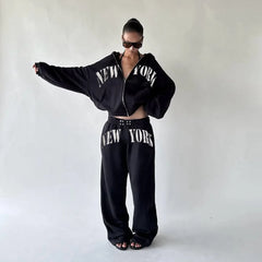 New York Zipper Hooded Jacket And Loose Straight Pants Tracksuit