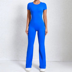 Person wearing a blue jumpsuit on a white background