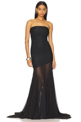 Strapless Mesh Pleats Maxi Dress