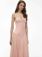 Pink Spaghetti Strap Corset Lace-up Maxi Dress