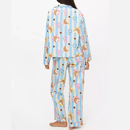 Breakfast Stripe Print Long Sleeve Shirt And Pants Lounge Wear Set