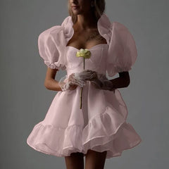 Pink Puff Sleeve Mesh Mini Dress