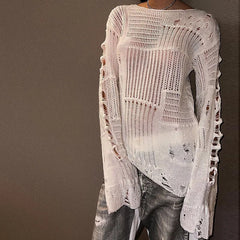 Long Sleeve Hollowed Distressed Knitted Pullover Top
