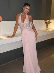 Pink Lace Halter Draped Waist Maxi Dress