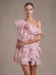 Pink Printed One Shoulder Multi-layered Ruffles Mini Dress