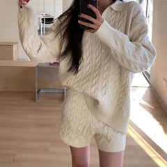 Full body shot of the model in the knit set, showing the relaxed fit.